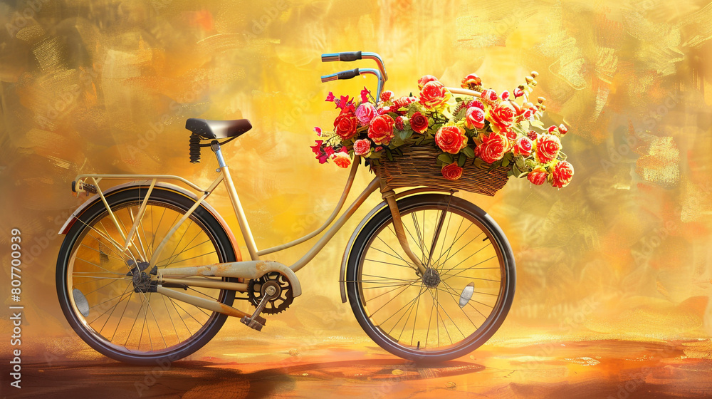  An enchanting image of a bicycle with a basket filled with vibrant blooms, set against a backdrop of golden yellow