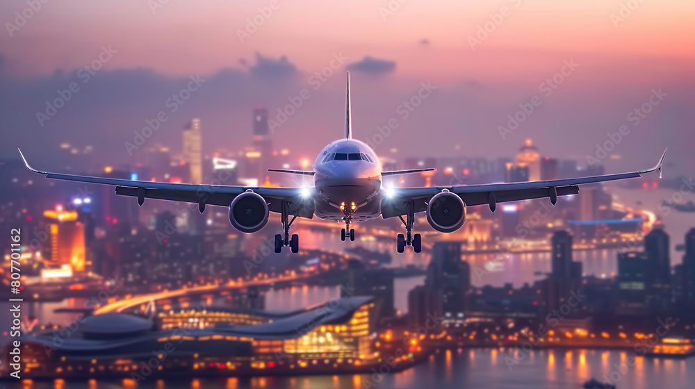 A civil aviation aircraft is flying over the city A civil aviation aircraft is flying over the city