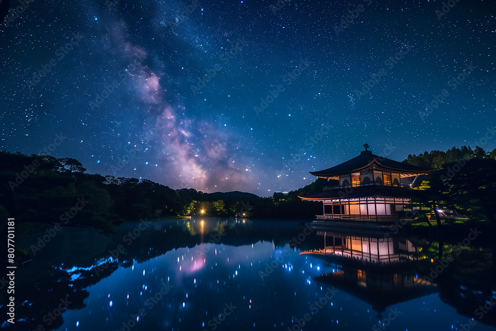 Obraz premium A temple in Kyoto and milky way