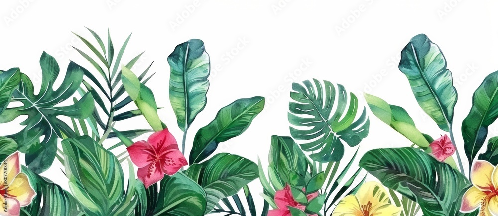 Tropical plants and flowers border a white background Tropical plants and flowers border a white background