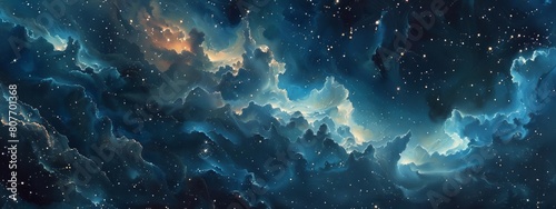 Abstract background with glowing stars and clouds in night