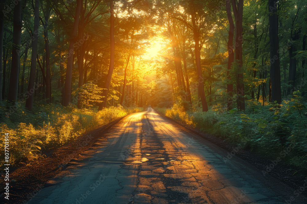 Obraz premium Driver experiencing the solitude of a winding road through a sunlit forest in the countryside.. AI generated.