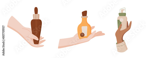 Cartoon hand holds antiaging beauty oil bottle, trendy cleansing bodycare lotion tube, flat isolated skin care shampoo jar, minimal organic hygiene product collection, vector illustration.