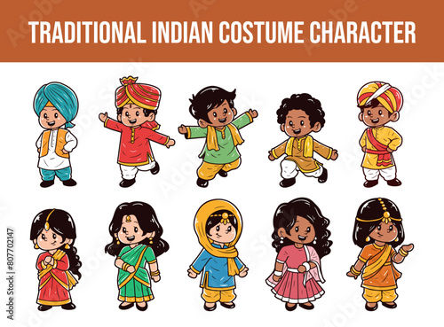 Kids character wearing Indian traditional vector illustration set