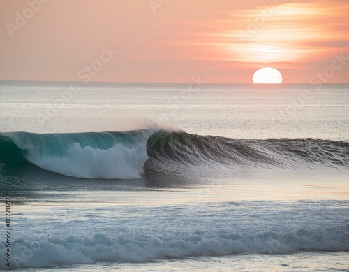 the sun is setting over the ocean with a wave crashing.