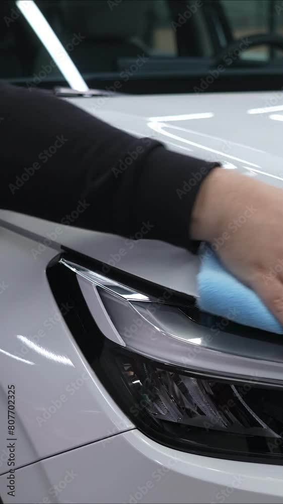 A mechanic polishes the surface of the body of a white car. Body repair. Vertical video. A mechanic polishes the surface of the body of a white car. Body repair. Vertical video.