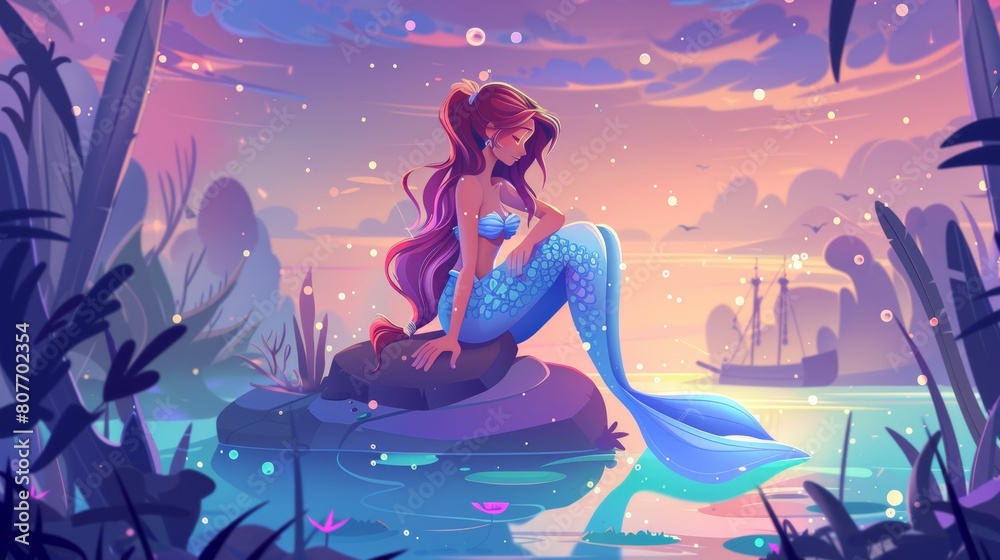 A beautiful mermaid girl sits on a rock in the sea. Illustration of an adorable fantasy character, a fairy tale woman with fish tail sitting on a rock in the sea.