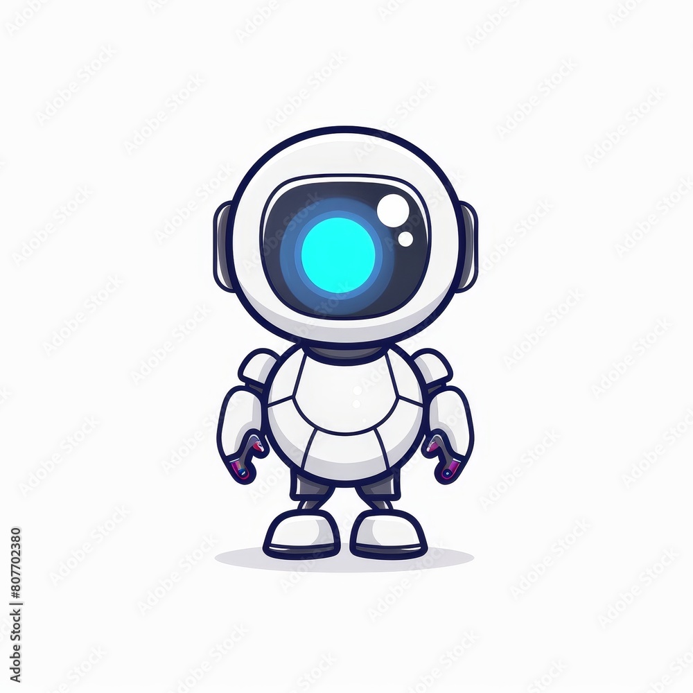 A robot with a blue eye stands on a white background A robot with a blue eye stands on a white background