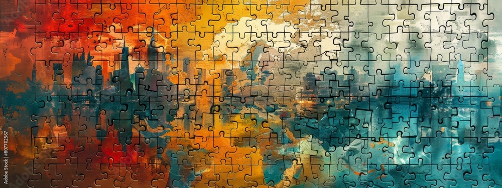 Obraz premium Colorful puzzle pieces, each piece representing a different nation working together to form a whole.