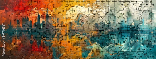 Colorful puzzle pieces  each piece representing a different nation working together to form a whole.