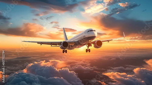 A large jetliner taking off from an airport runway at sunset or dawn with the landing gear down and the landing gear down, as the plane is about to take off