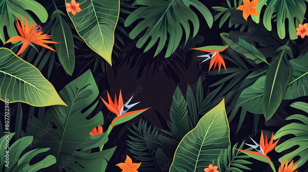 Flowers and palm leaves. green summer background. vector illustration Flowers and palm leaves. green summer background. vector illustration
