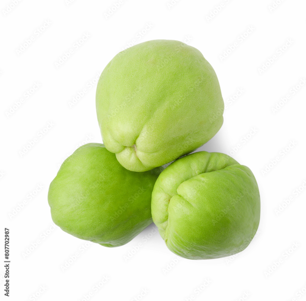 Many fresh green chayote isolated on white, top view Many fresh green chayote isolated on white, top view