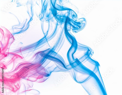 a blue and pink smoke is in the air on a white background