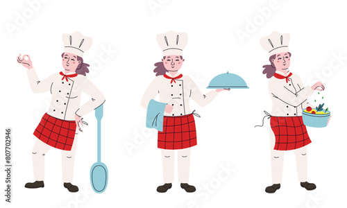 Different poses of female chef. Character in doodle style.