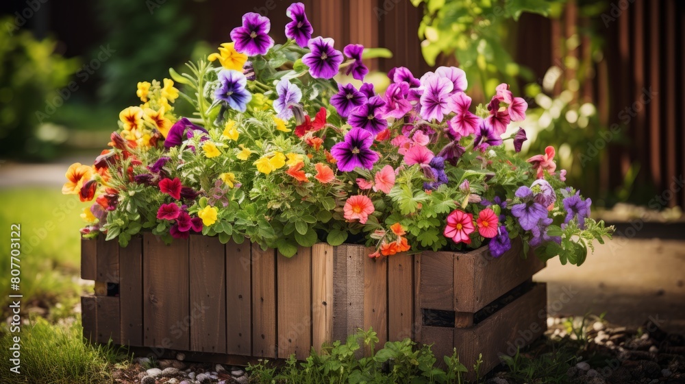 Fototapeta premium Beautiful different color flowers in pots on wooden pallet