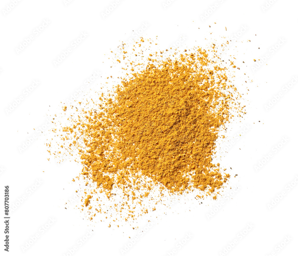 Dry curry powder isolated on white, top view Dry curry powder isolated on white, top view