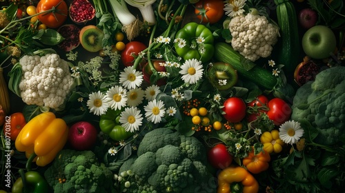 Fototapeta Naklejka Na Ścianę i Meble -  An abundant display of fresh vegetables and fruits with vibrant flowers interspersed.