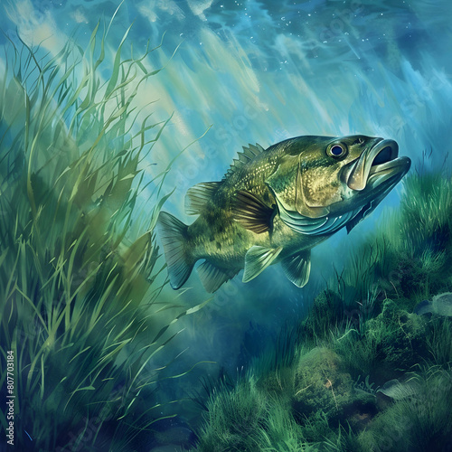 Bass Fish Watercolor Style , in Underwater, Forest, Waterfall, Flood area, Full scene For Fishing Lovers