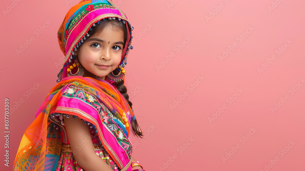 Indian child girl in national clothes dress, pink background with copy space Indian child girl in national clothes dress, pink background with copy space