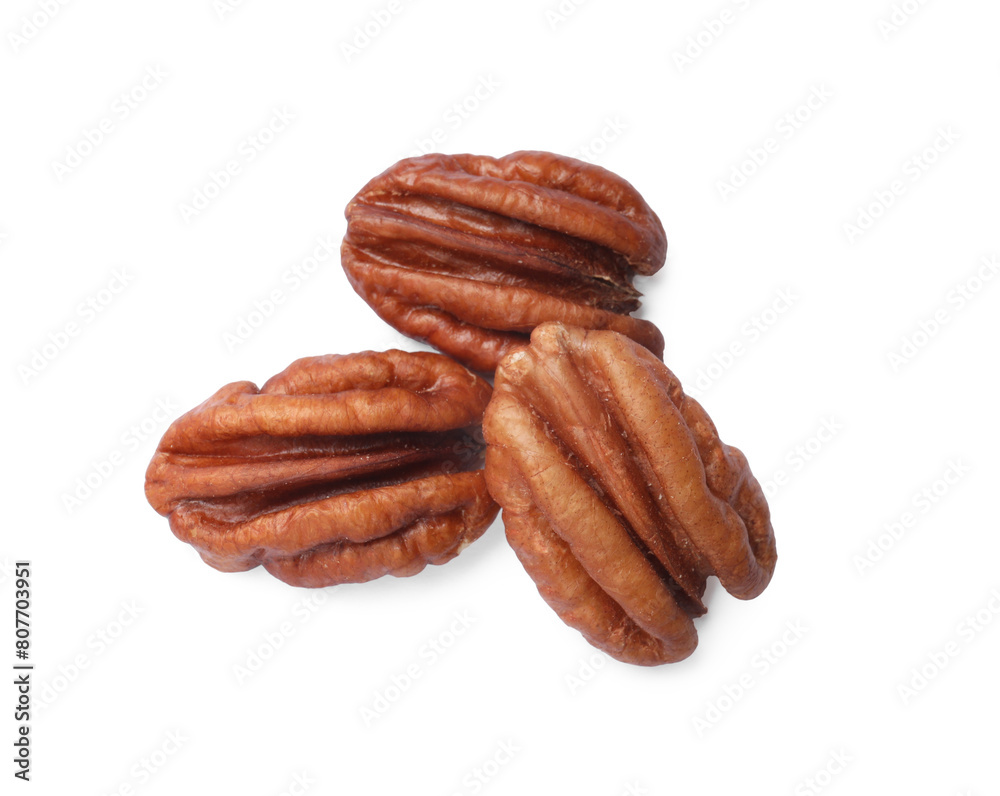 Tasty pecan nuts isolated on white, top view Tasty pecan nuts isolated on white, top view