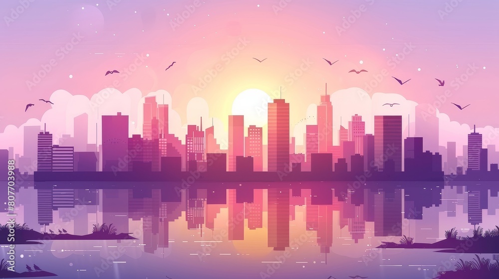 An illustration showing the sunset city skyline next to the waterfront with buildings skyscrapers reflecting on the water surface under a cloudy purple and pink sky with birds. A cartoon modern