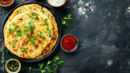 A vibrant assortment of various Indian dishes, including Uttapam, fills a pan on a table photo