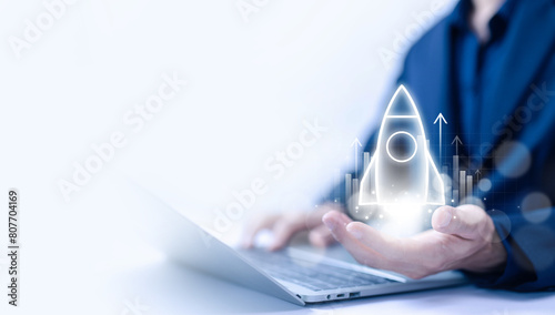 concept of strategy startup growth, idea leadership plan development. startup entrepreneurship launch rocket start flying up. business projects digital technology network line connection global.