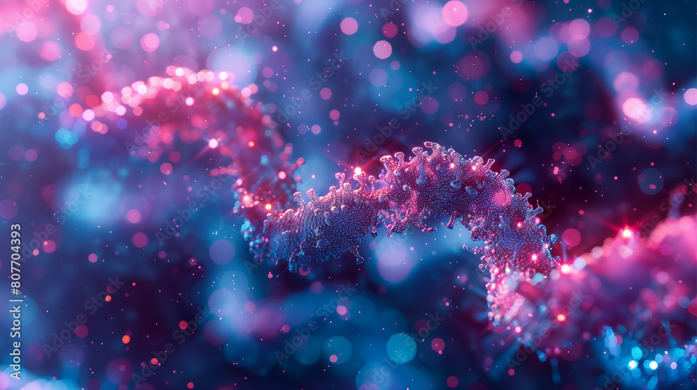 
A close up of a DNA strand with a blue and red hue. The strand is surrounded by a blurry background
