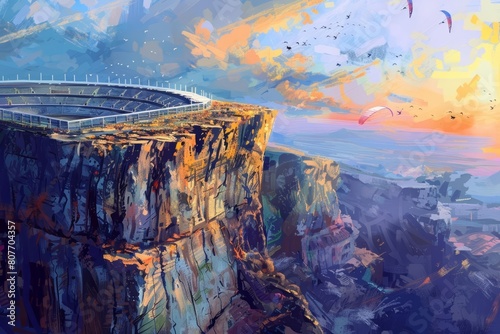 Wallpaper Mural Contemplate a stadium on the edge of a cliff, with virtual reality hang gliders soaring above, in an Expressionistic style that allows for text inclusion Torontodigital.ca