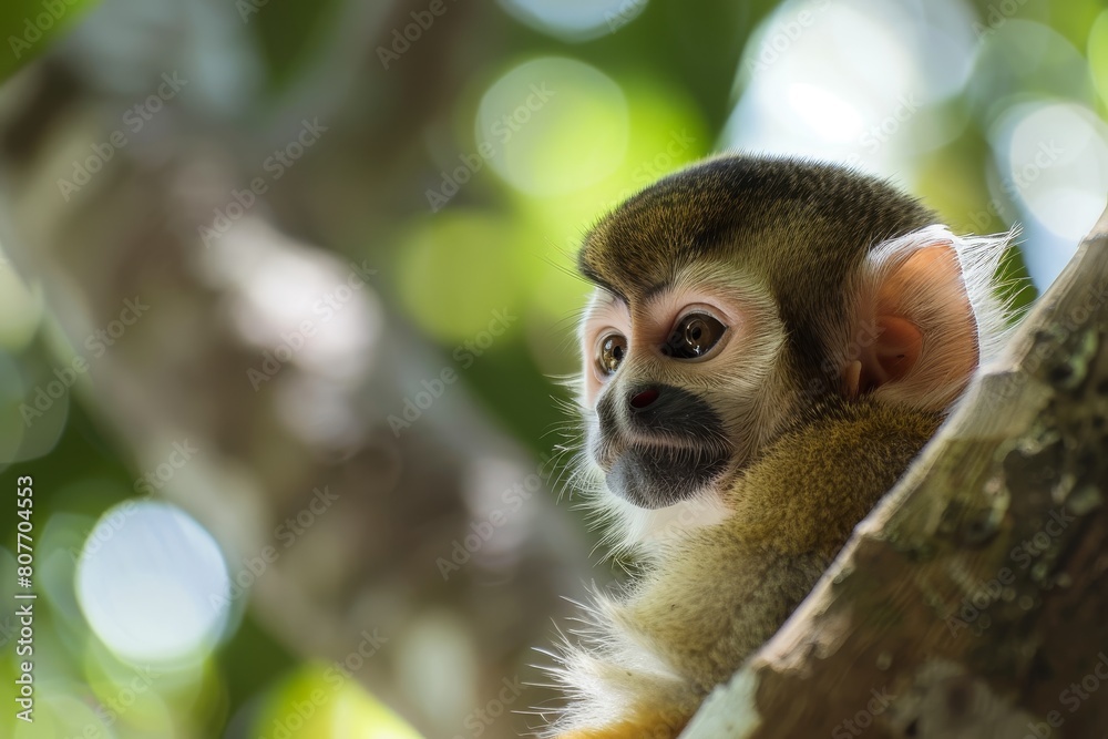Fototapeta premium Primate in Paradise: Serene Monkey in a Forest Sanctuary, Expressive Eyes, Wildlife, Natural Setting