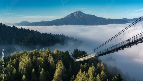 a suspension bridge in the middle of a forest with a mountain in the background and fog rolling in the air.