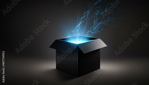 a black box with a blue light coming out of the top of it on a dark background with a blue light coming out of it.