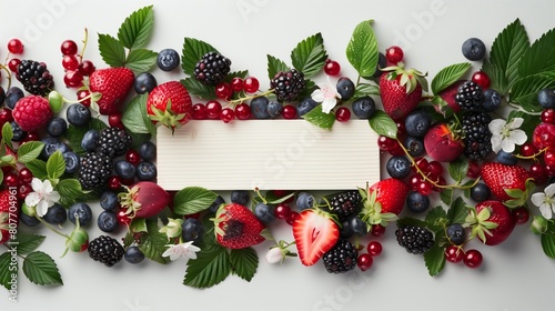 Assorted fresh berries arranged around a blank wooden plaque on a white background, with copy space.