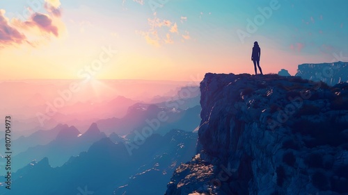  The silhouette of a person standing on a rocky cliff, gazing out at a vast expanse of untouched wilderness. 
 #807704973