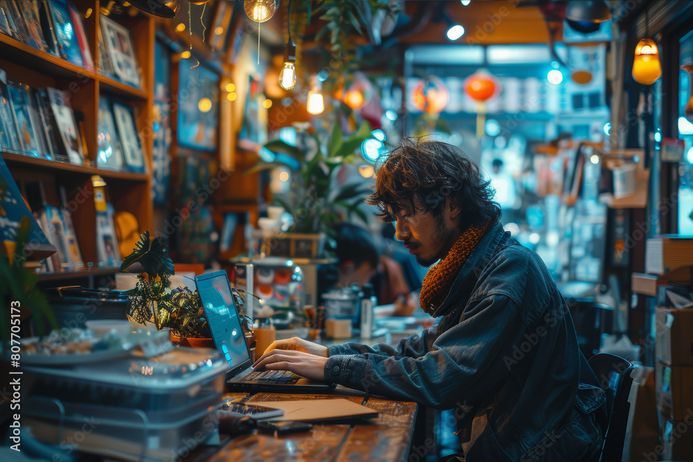 A creative writer typing busily on a laptop in a charmingly sparse cafe, illuminated by soft overhead lighting.. AI generated.