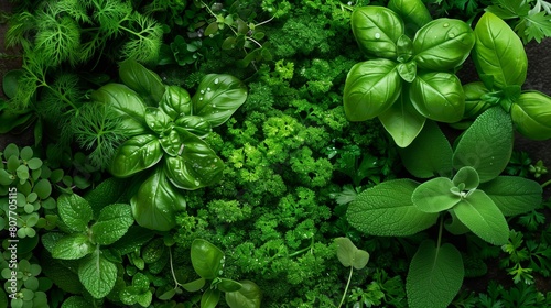 Lush greenery of various fresh culinary herbs and plants with visible water droplets, top view. photo