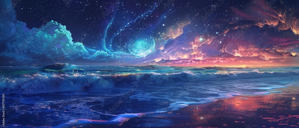 Envision a serene beach stadium with waves softly breaking nearby, under a starry sky enhanced by cybernetic elements, designed in a surrealistic style with room for text