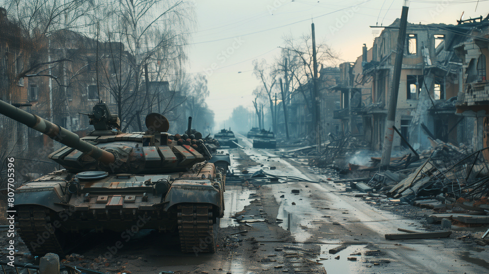 A war scene with tanks and a destroyed city. Scene is bleak and somber