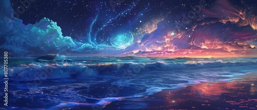 Envision a serene beach stadium with waves softly breaking nearby  under a starry sky enhanced by cybernetic elements  designed in a surrealistic style with room for text