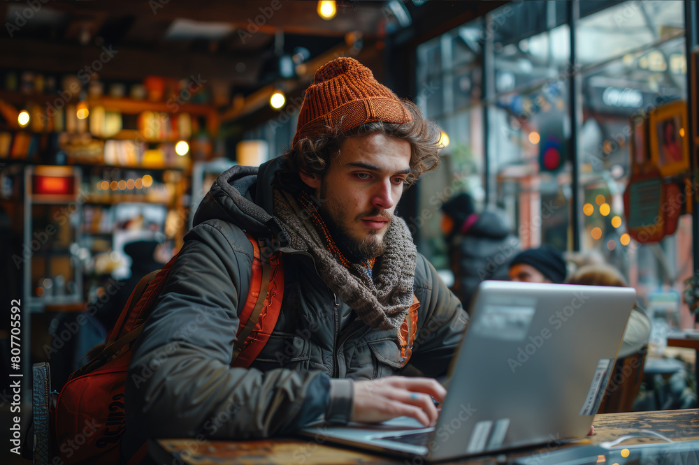 A novelist deeply engrossed in writing at a laptop in a calm cafe with minimal patrons and soft background music.. AI generated.