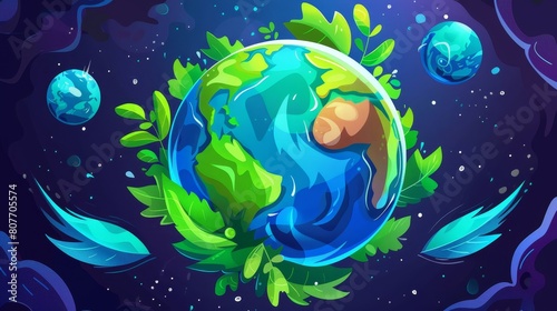 This is a modern social media banner of ecology conservation depicting a cartoon illustration of the blue and green Earth globe with its dry part.