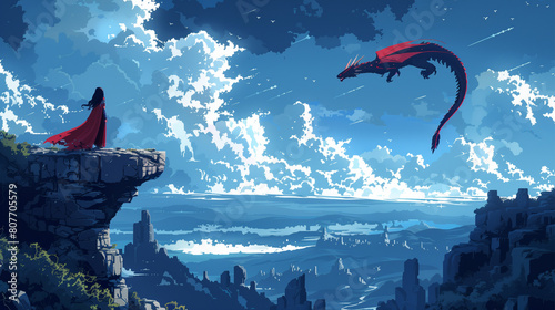 pixel art, warrior girl on top of a rock, a draon flies in the sky against the backdrop of sunset.