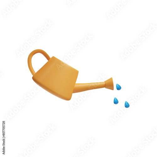 Orange watering can with water sprinkler 3D cartoon vector icon, drops of water falling from gardening handle equipment