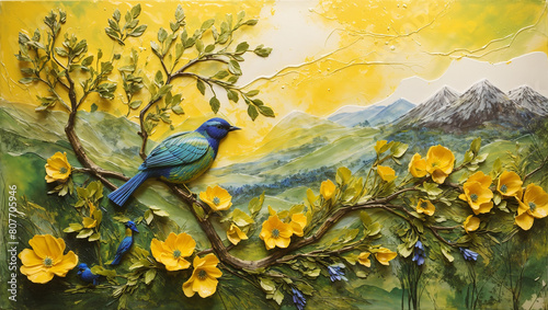 A painting of blue and green birds sitting on a branch with yellow flowers. There is a mountain landscape in the background.


