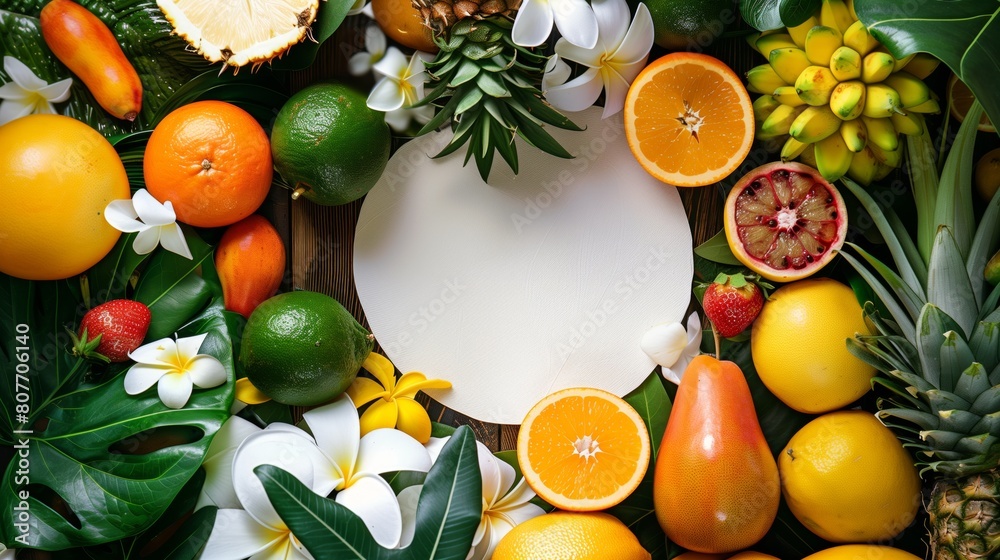 Vibrant tropical fruit arrangement with a central white copy space surrounded by lush leaves and flowers. Vibrant tropical fruit arrangement with a central white copy space surrounded by lush leaves and flowers.