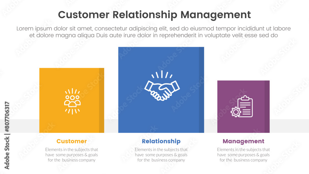 CRM customer relationship management infographic 3 point stage template with square chart data box right direction for slide presentation