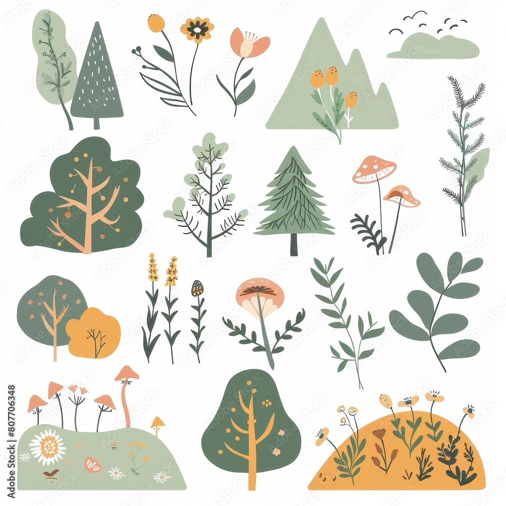 A collection of trees, flowers, and mushrooms A collection of trees, flowers, and mushrooms