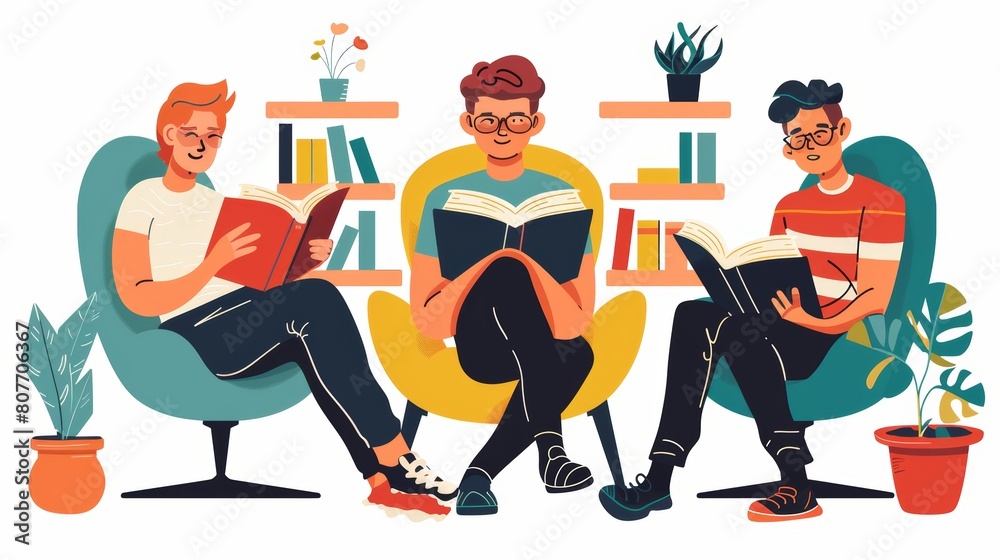 Students with books, sitting in a chair reading a textbook or a novel. Modern flat illustration of teenagers reading books. Students with books, sitting in a chair reading a textbook or a novel. Modern flat illustration of teenagers reading books.
