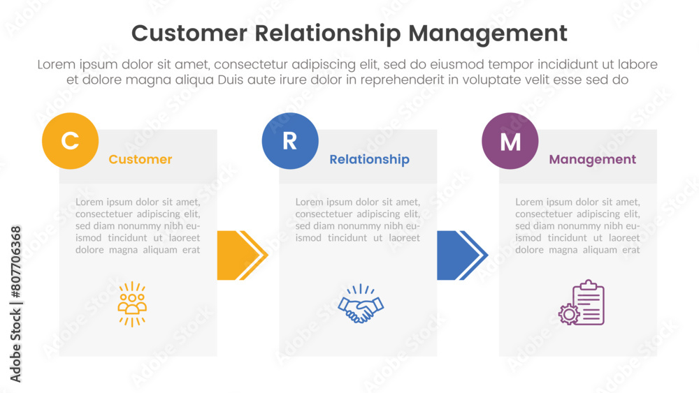 CRM customer relationship management infographic 3 point stage template with box information and arrow direction for slide presentation